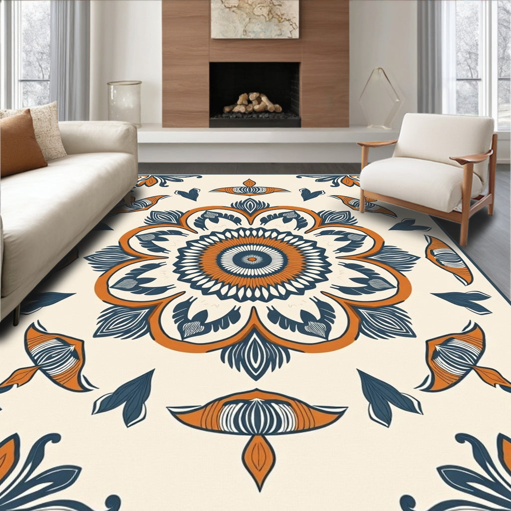 Orange Blue Floral Mandala Rug