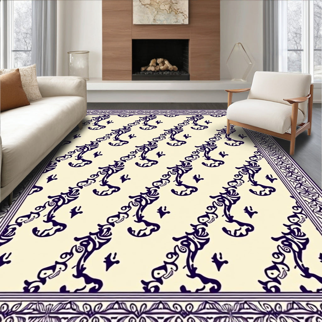Cream Bordered Navy Swirls Rug