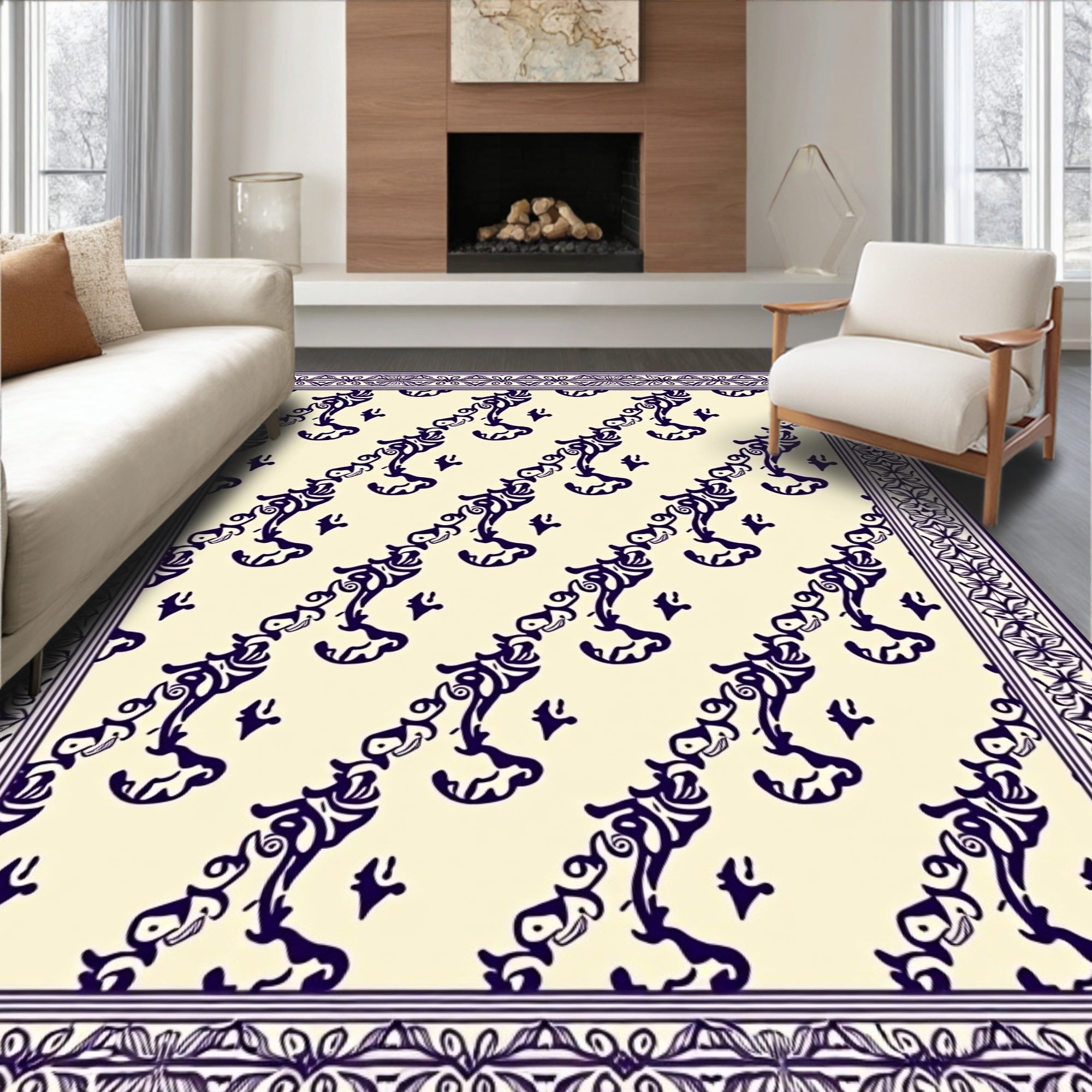 Cream Bordered Navy Swirls Rug