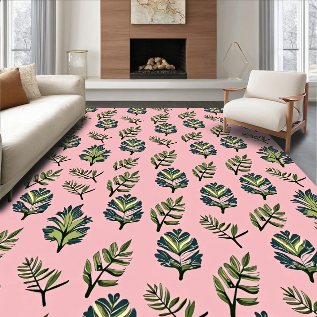 Pink Green Leafy Botanical Arrangement Rug