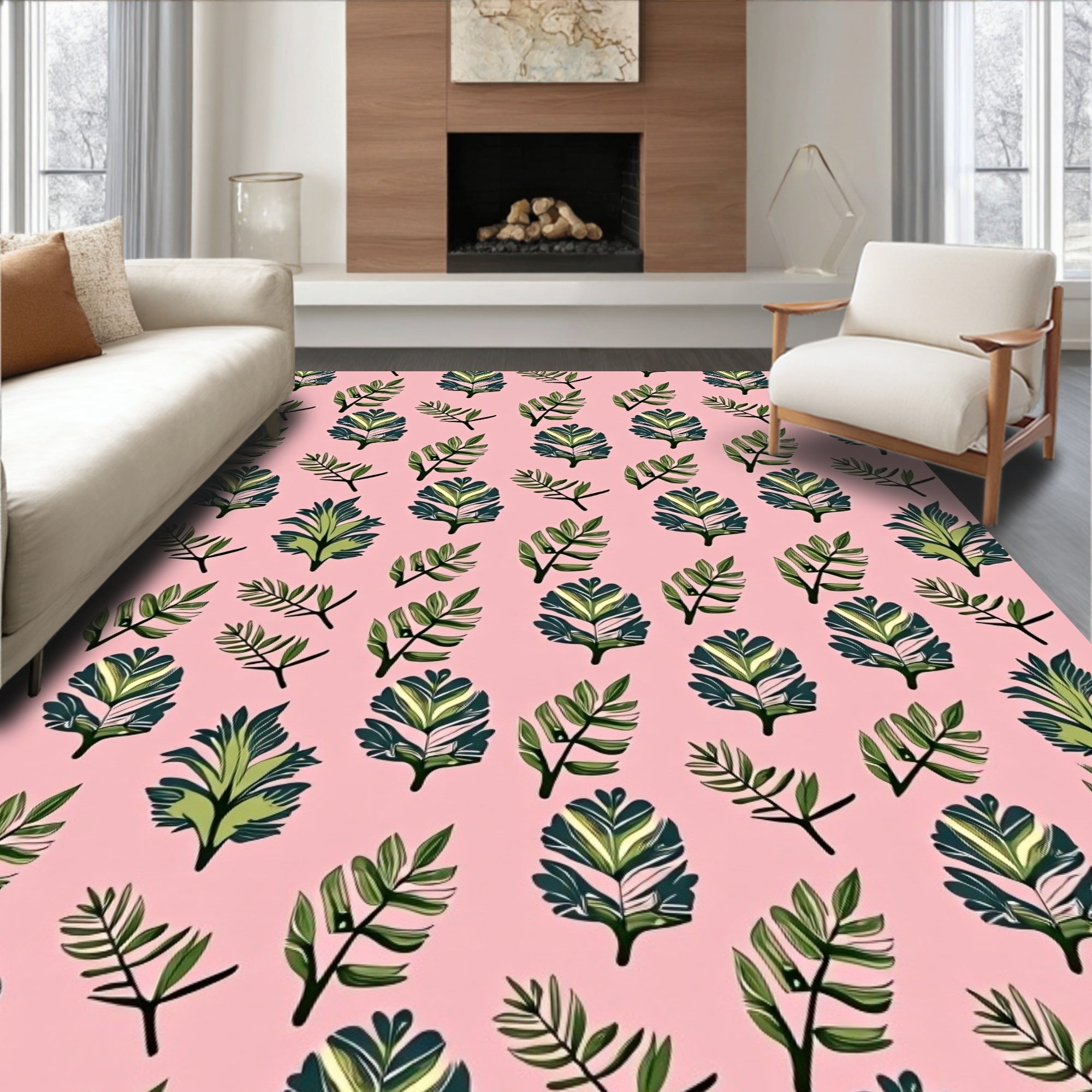 Pink Green Leafy Botanical Arrangement Rug