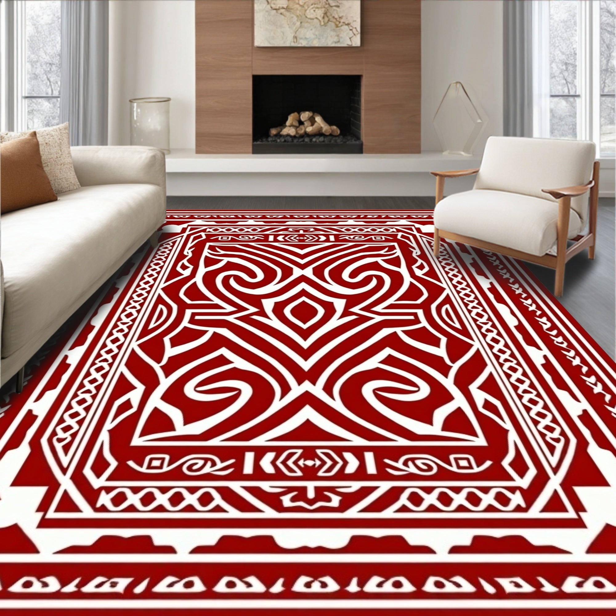 Rich Crimson Tribal Swirl Medallion Rug