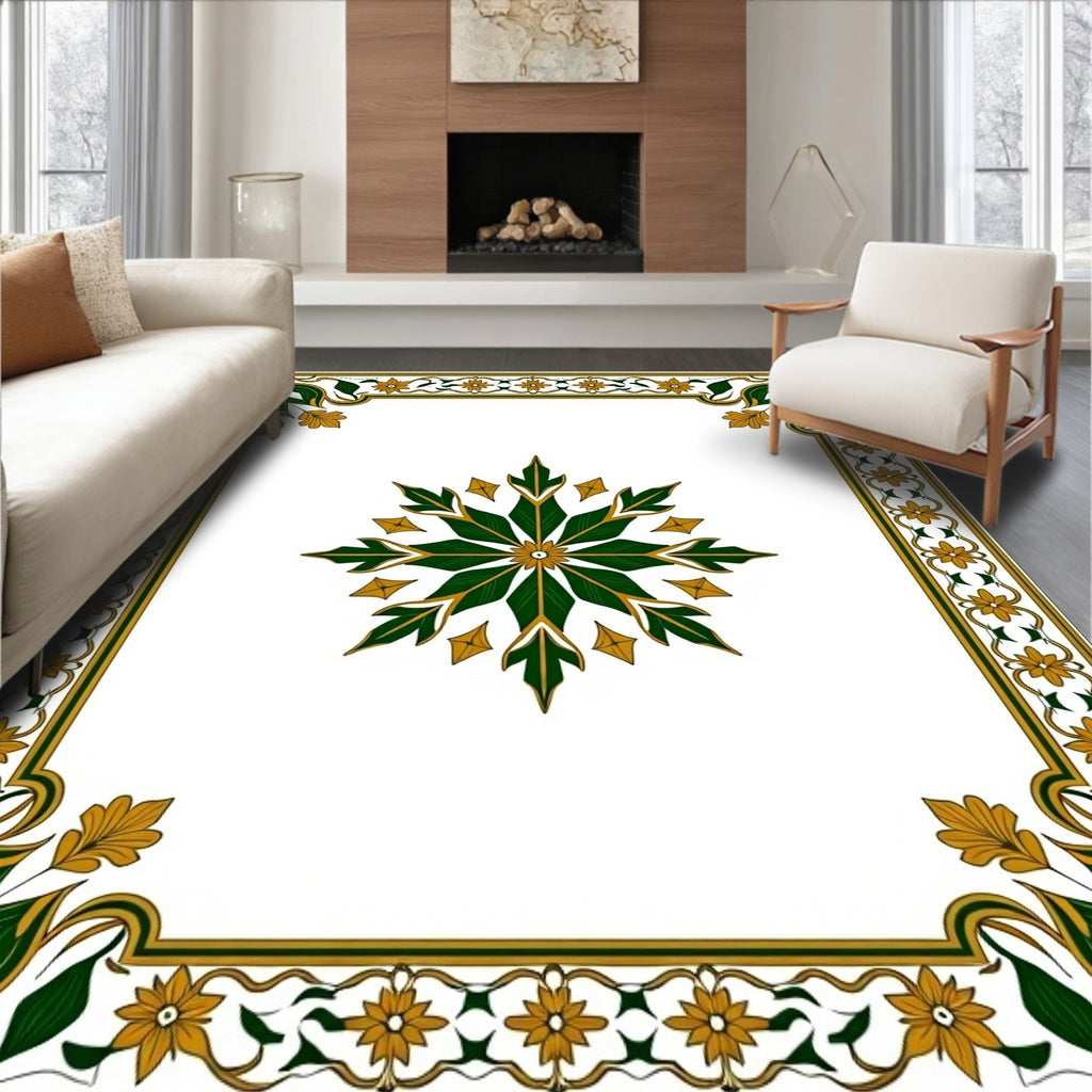 Golden Green Floral Medallion Border Rug