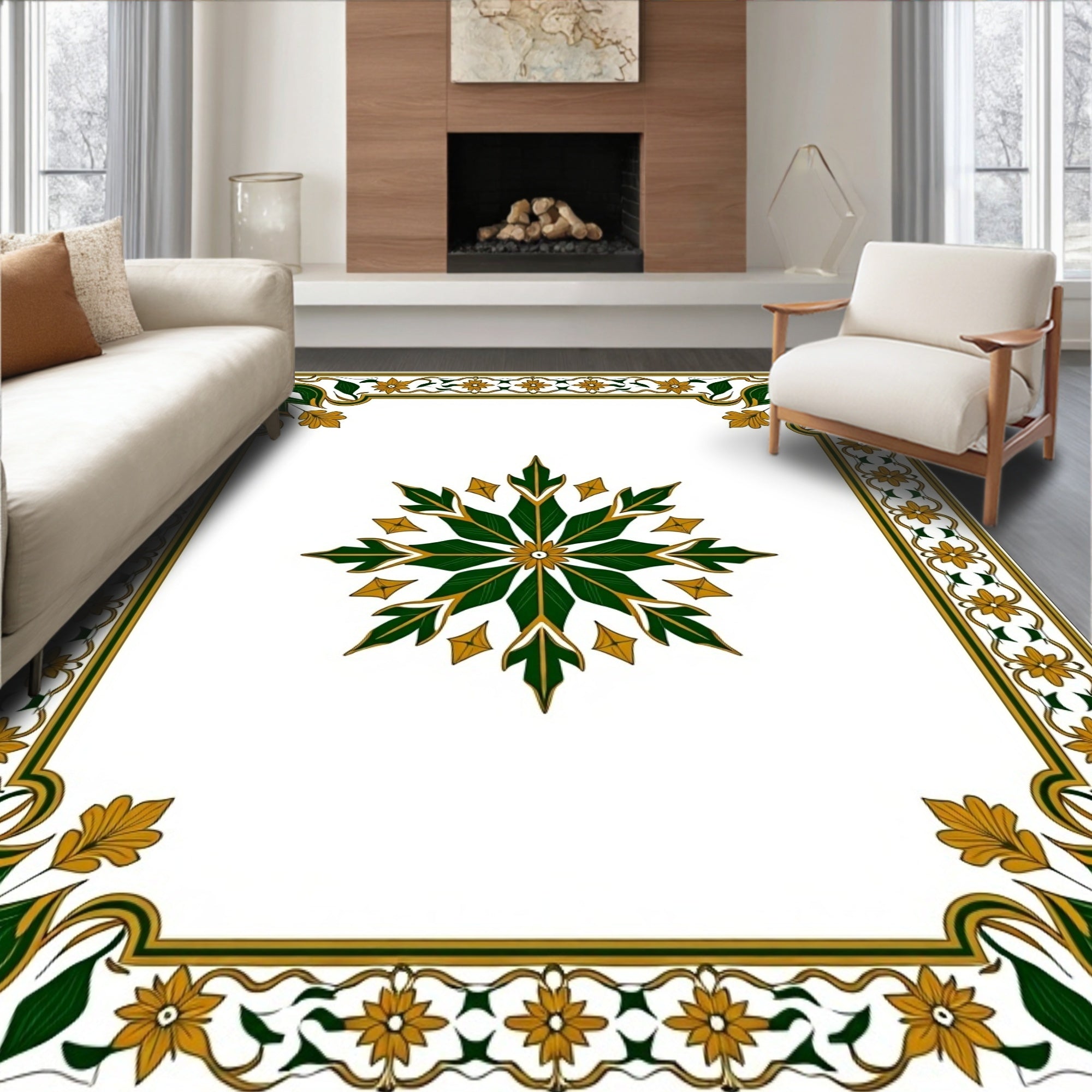 Golden Green Floral Medallion Border Rug