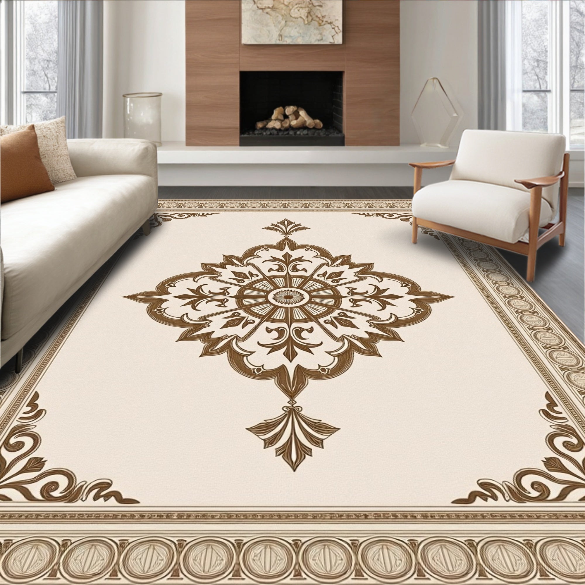 Elegant Brown Medallion Border Area Rug