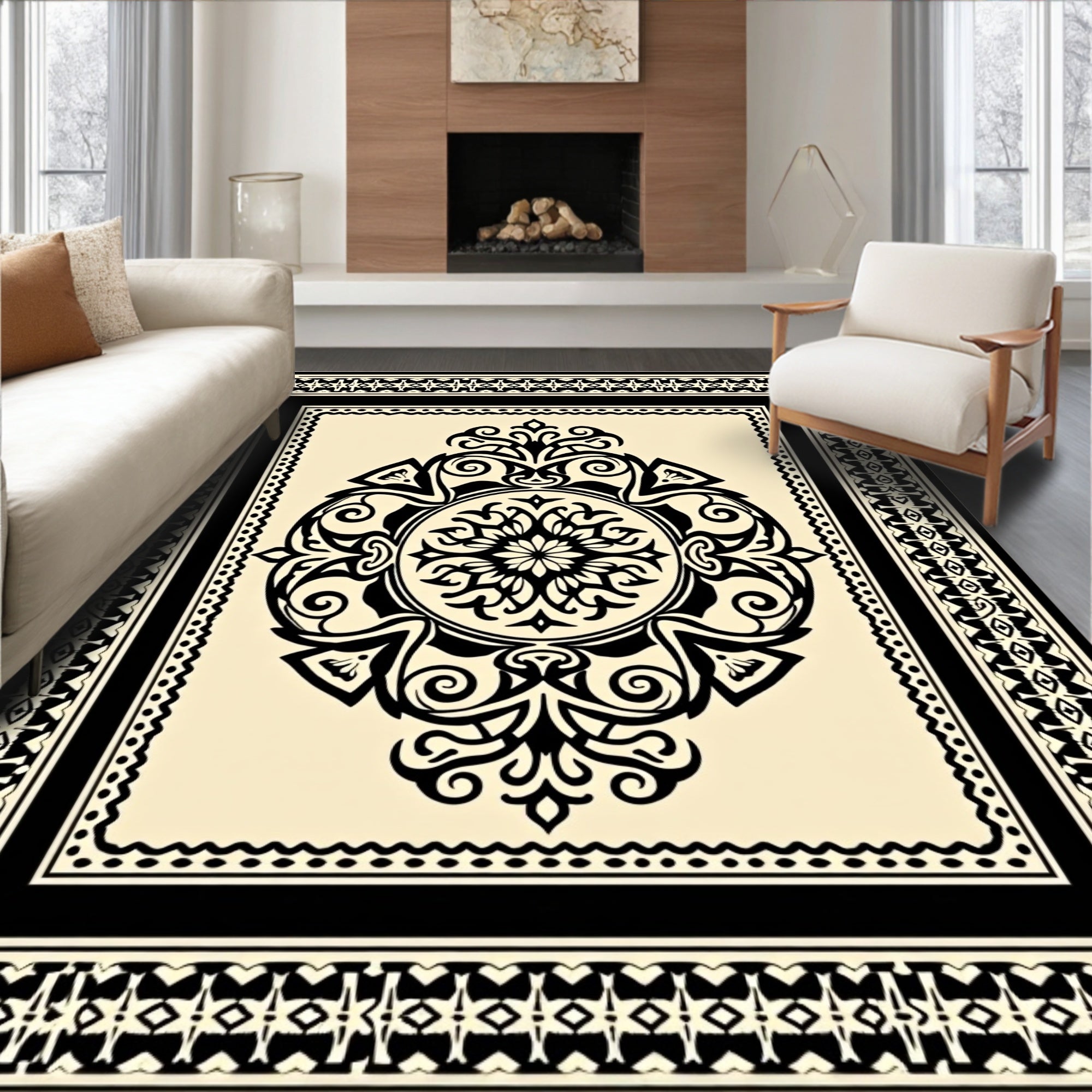 Cream Black Floral Medallion Border Rug