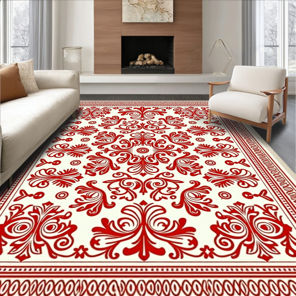 Luxe Red Baroque Scrollwork Oval Rug