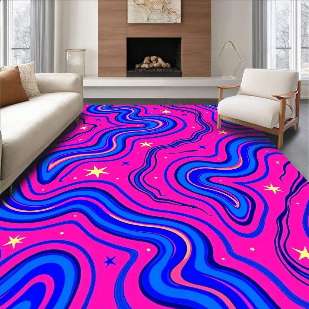 Pink Abstract Swirl Waves Stars Rug