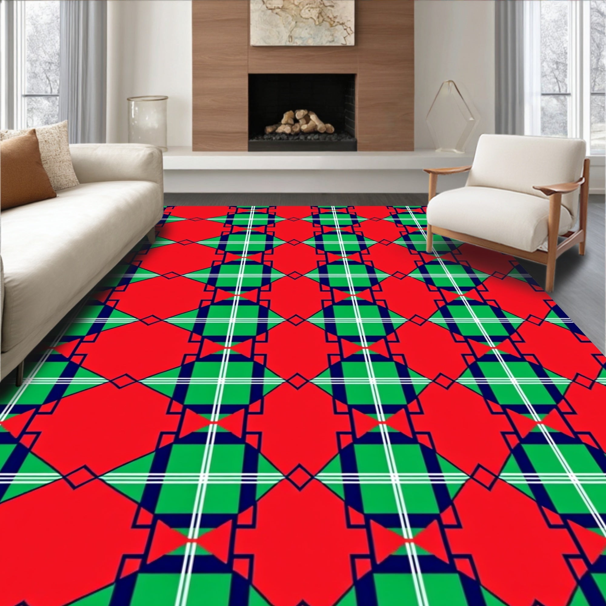 Red Green Plaid Diamond Collage Rug