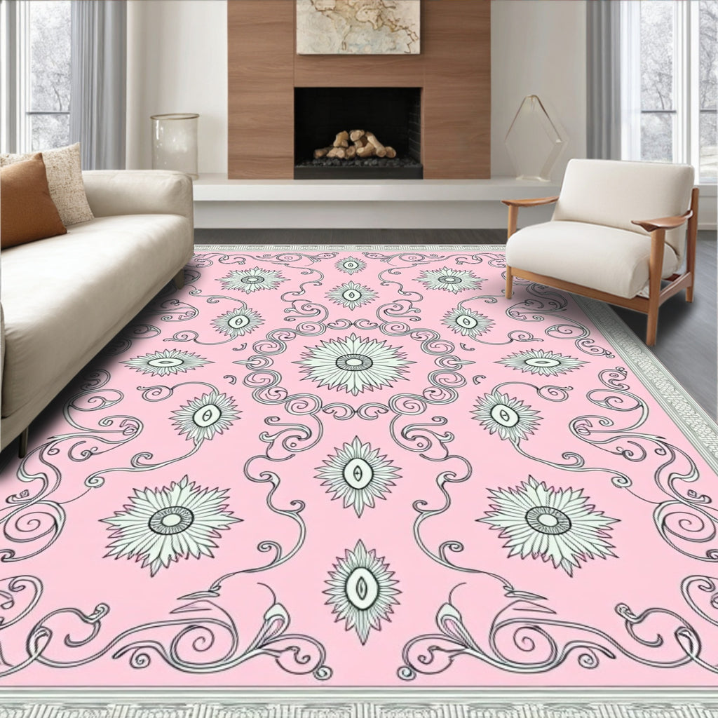 Pale Pink Floral Scrollwork Medallion Rug