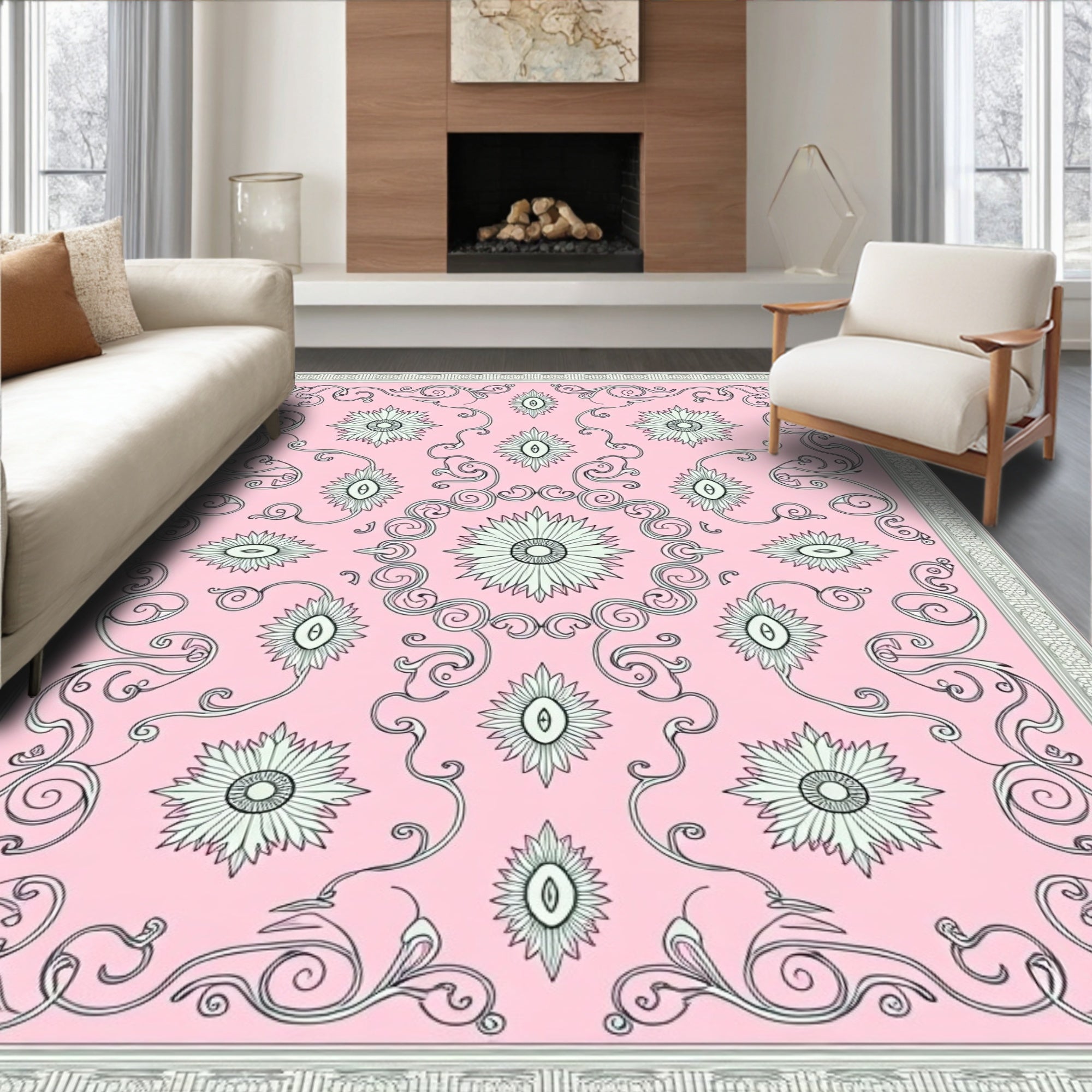 Pale Pink Floral Scrollwork Medallion Rug