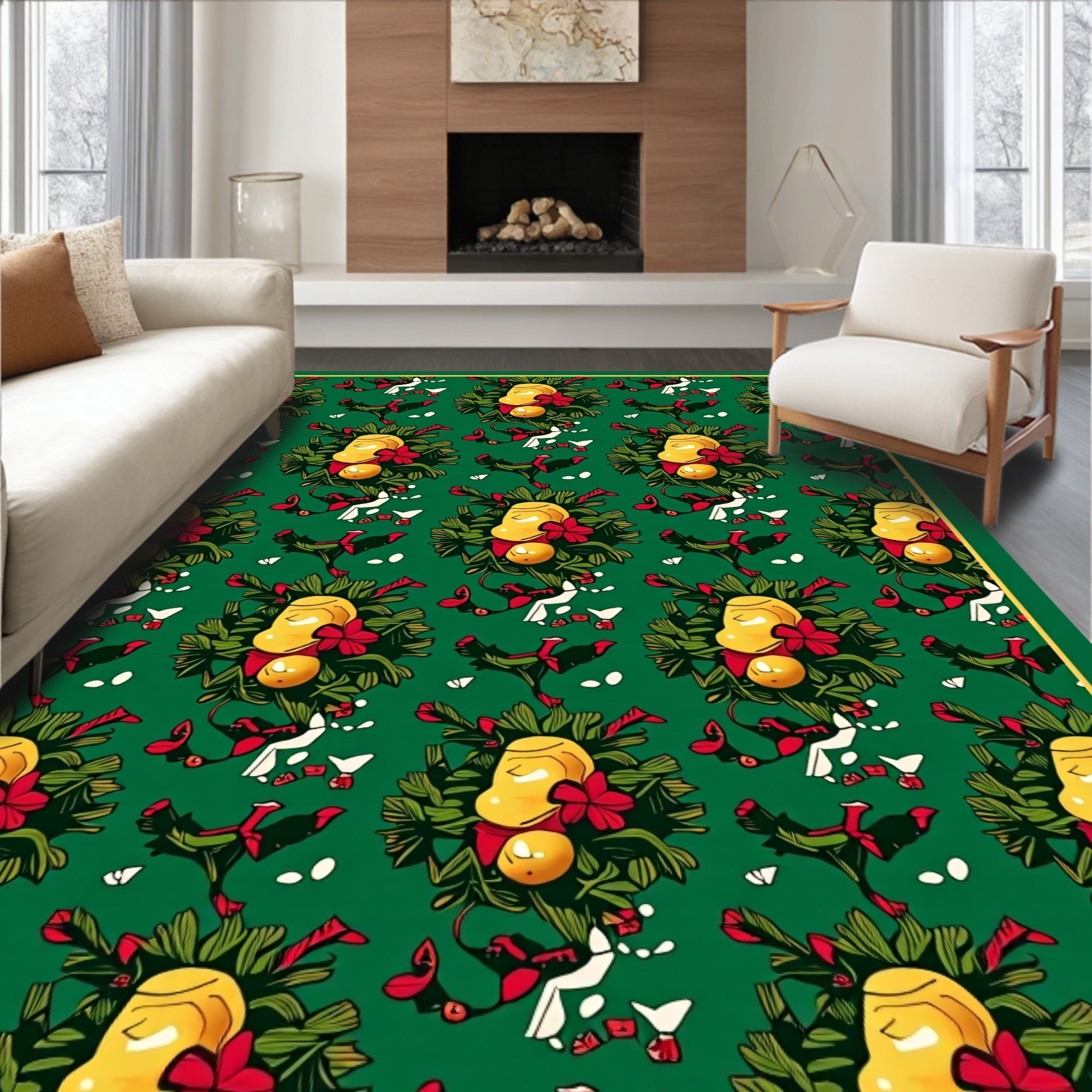 Festive Yellow Ornaments Green Garland Rug