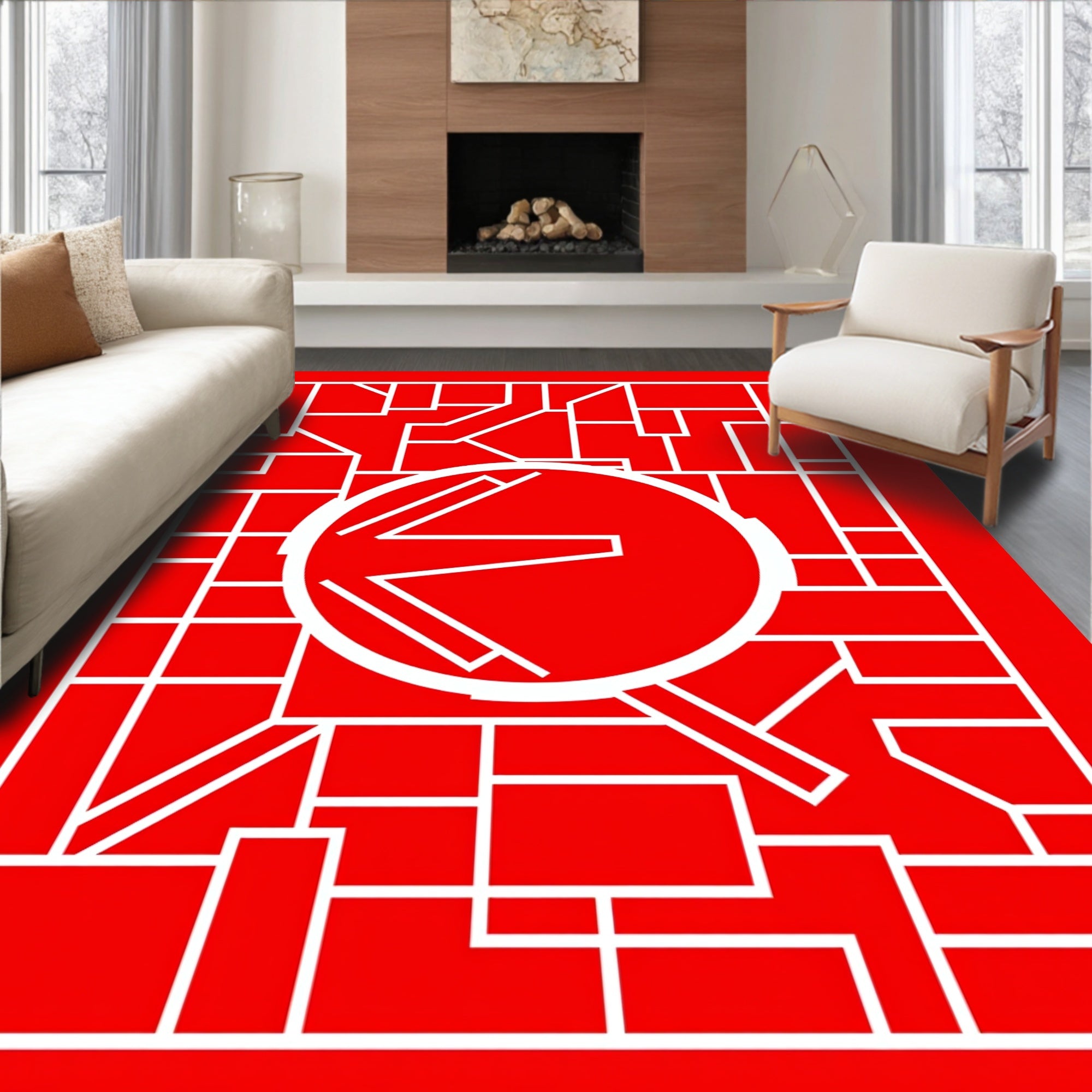Bold Red Geometric Abstract Round Rug