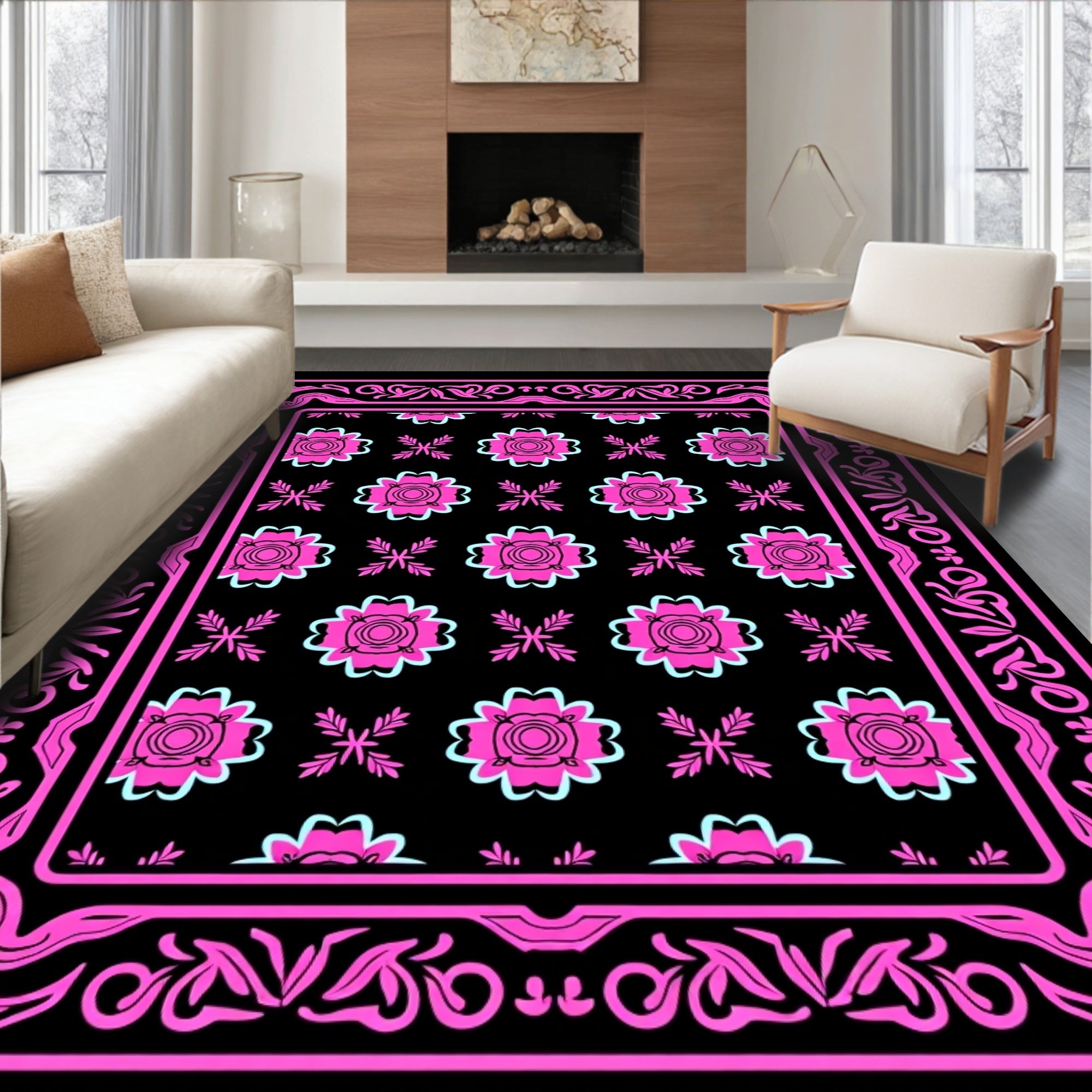 Bold Pink Floral Garden Rug