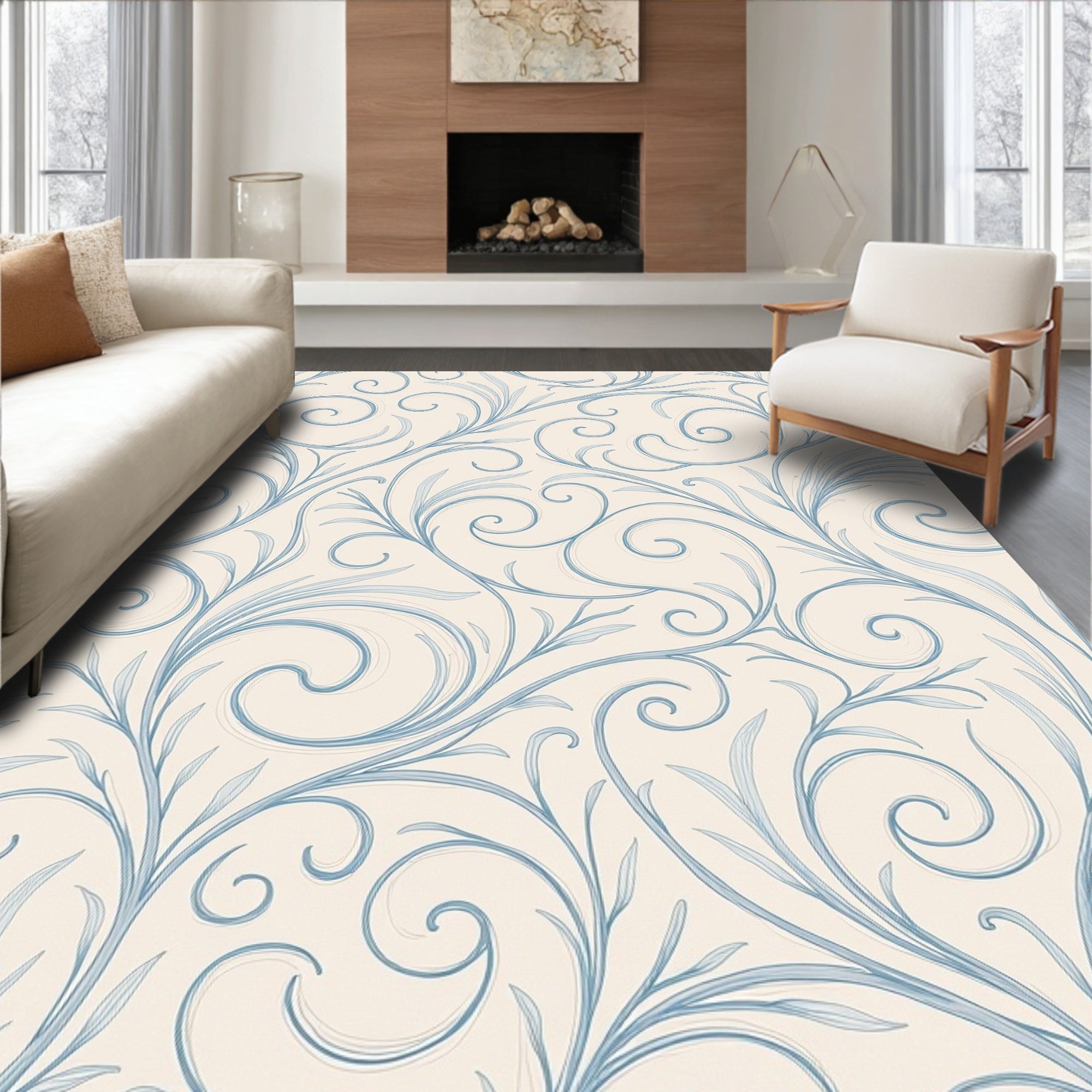 Soft Blue Swirl Vine Art Rug