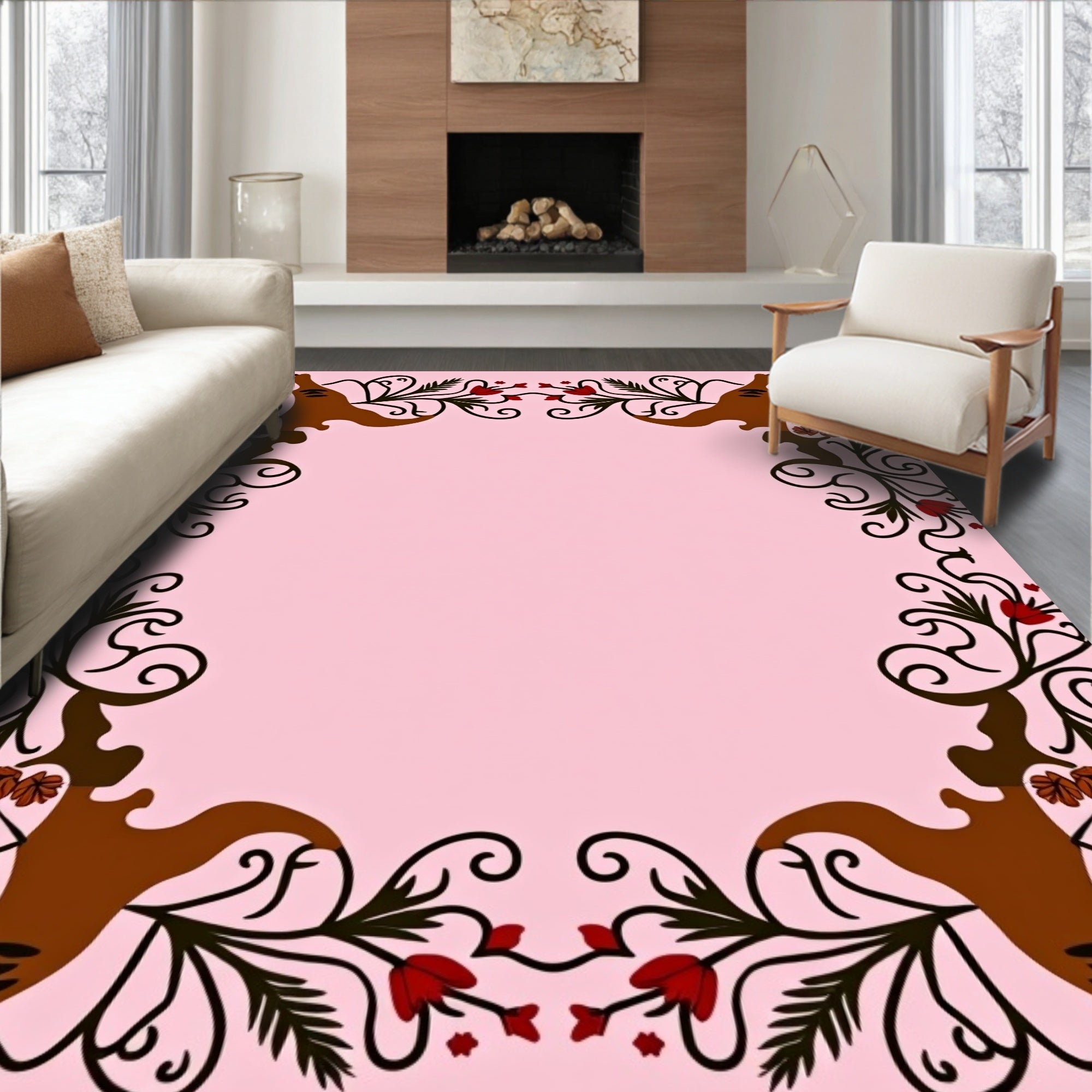 Brown Floral Border Red Accents Rug