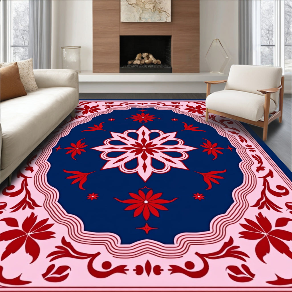 Crimson Floral Medallion Navy Rug