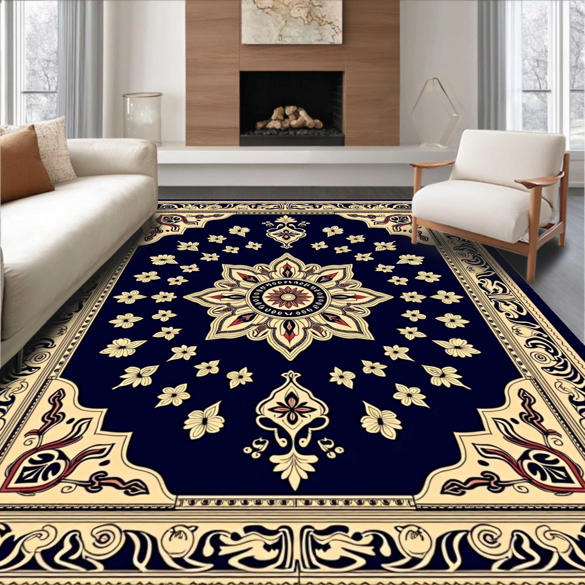 Navy Floral Medallion Golden Border Rug
