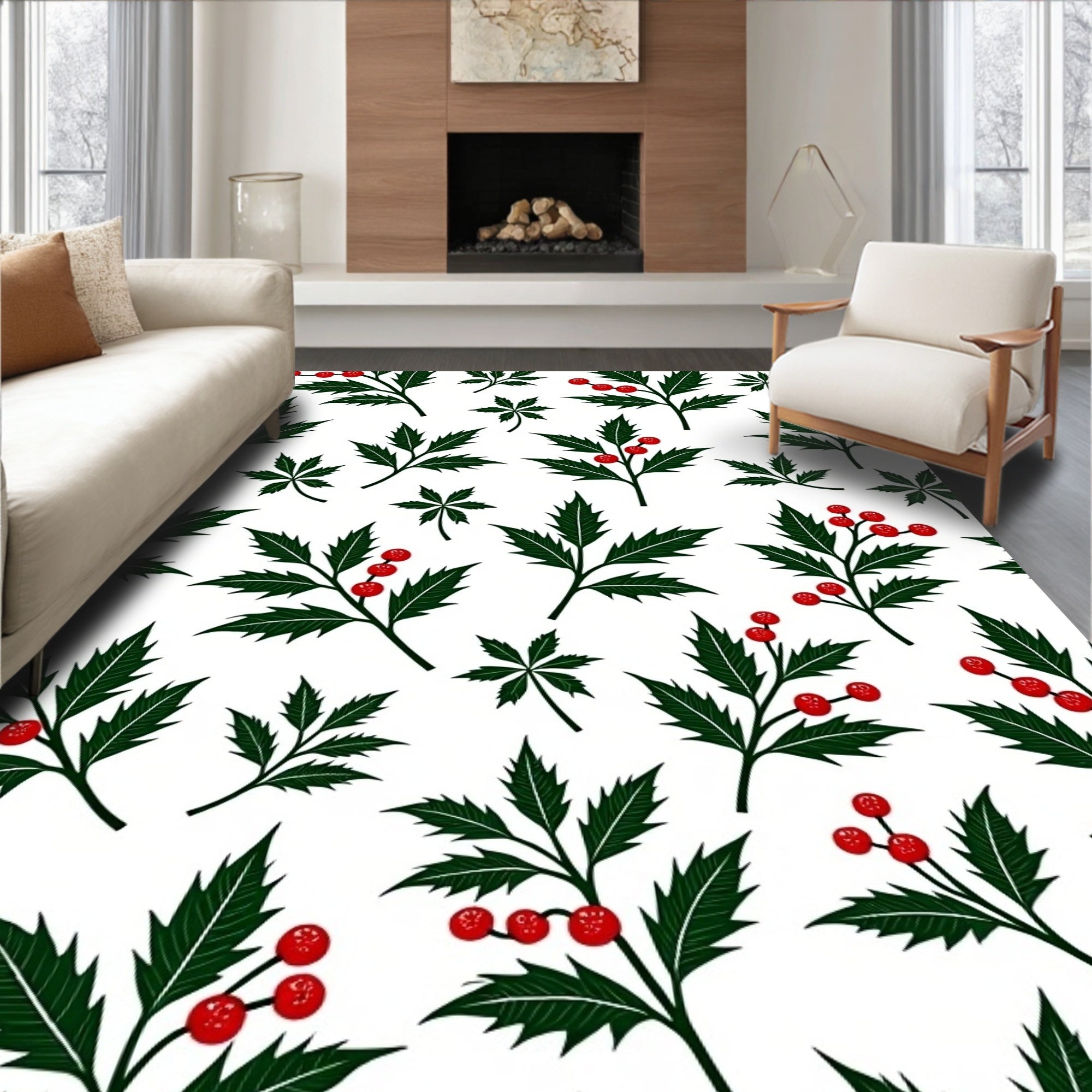 Dark Green Holly Berry Garland Rug