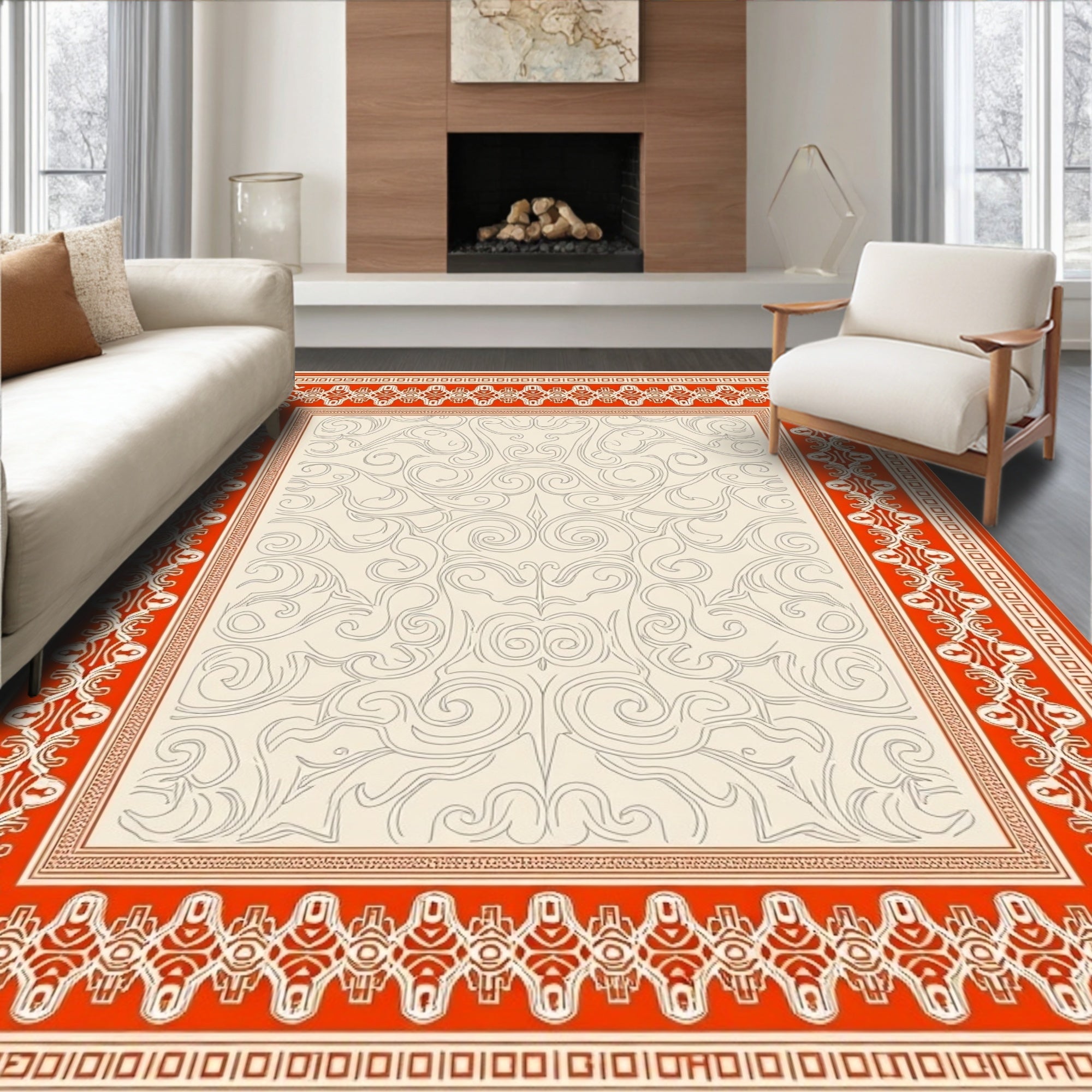 Crimson Ornate Border Swirl Medallion Rug