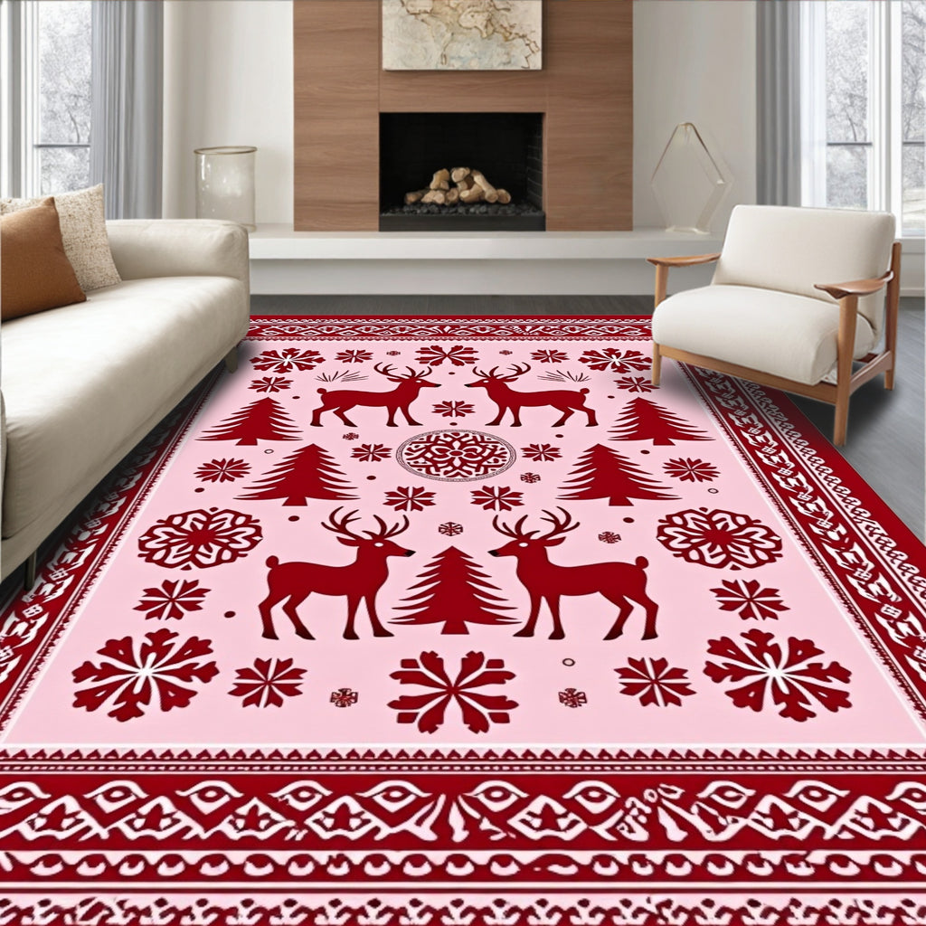 Crimson Deer Snowflake Trees Border Rug