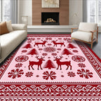Crimson Deer Snowflake Trees Border Rug
