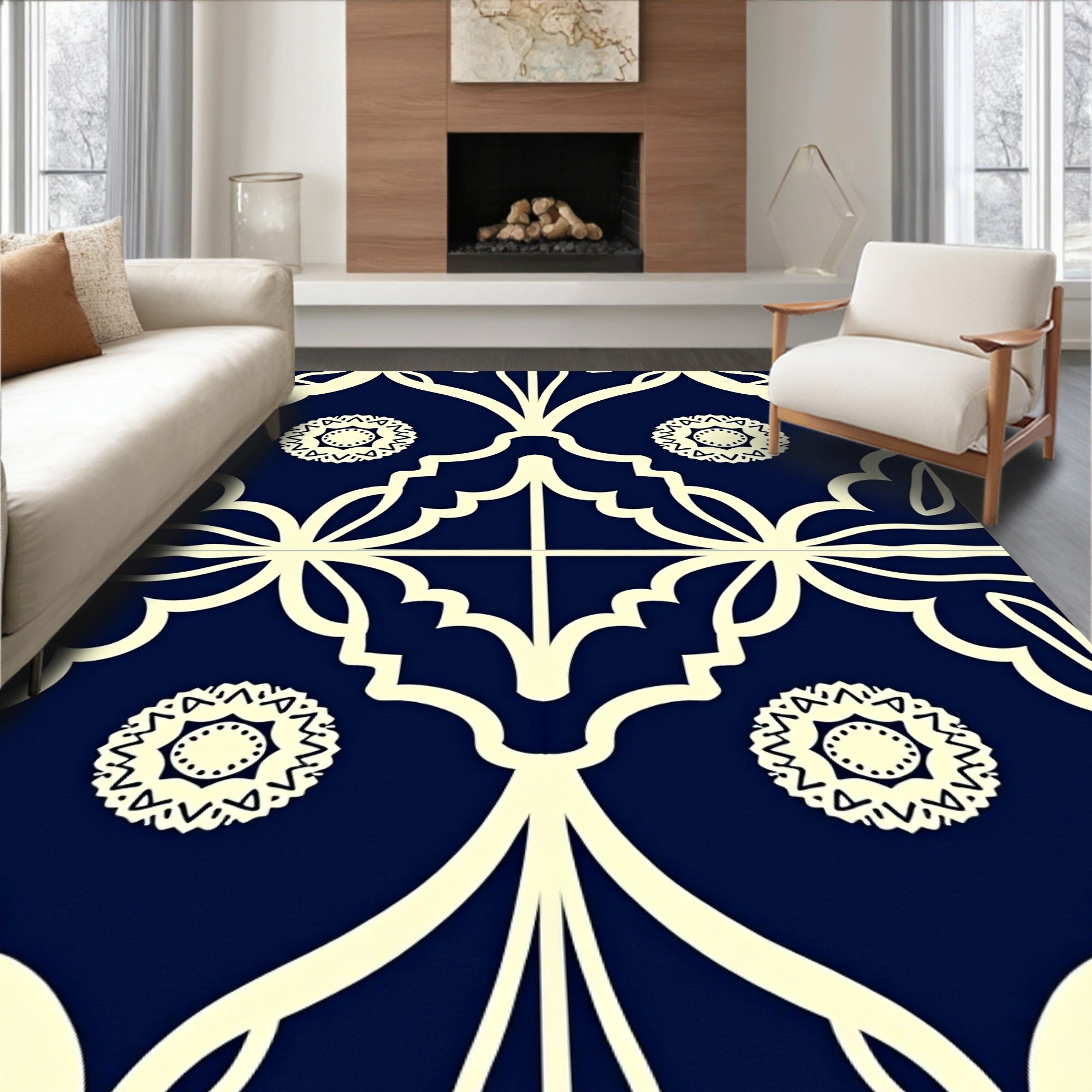 Navy Cream Floral Medallion Lattice Rug