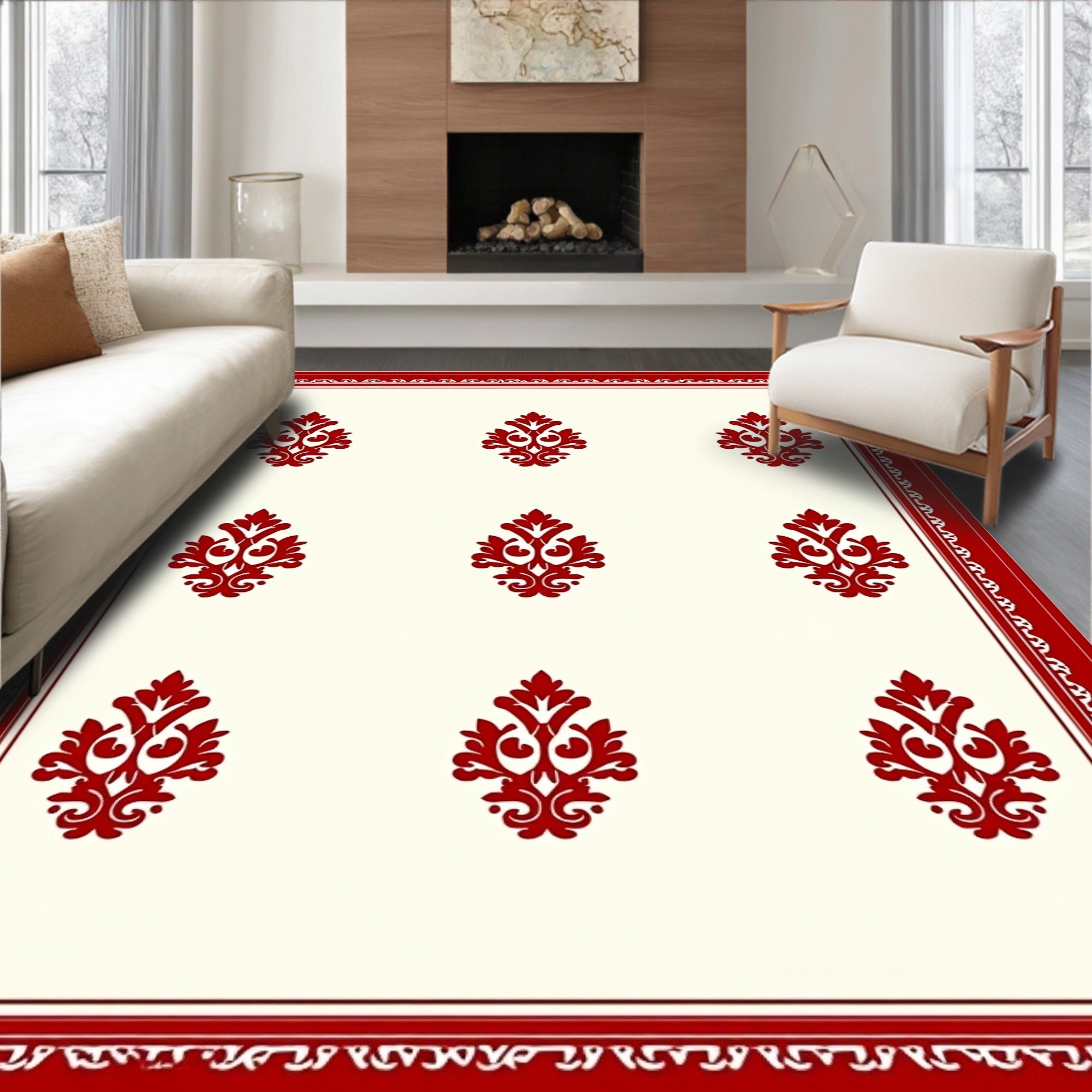 Scarlet Damask Border Cream Field Rug