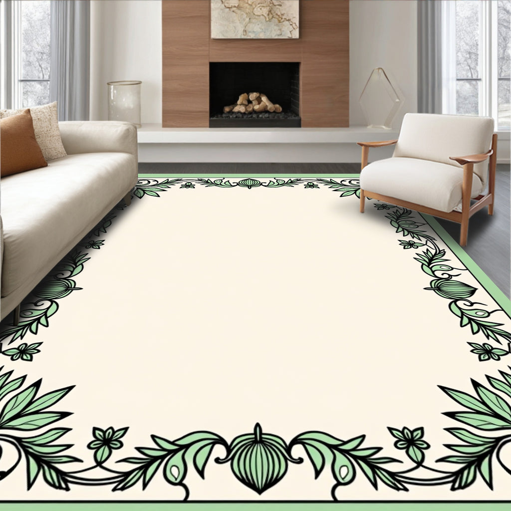 Elegant Green Leaf Border Artwork Rug