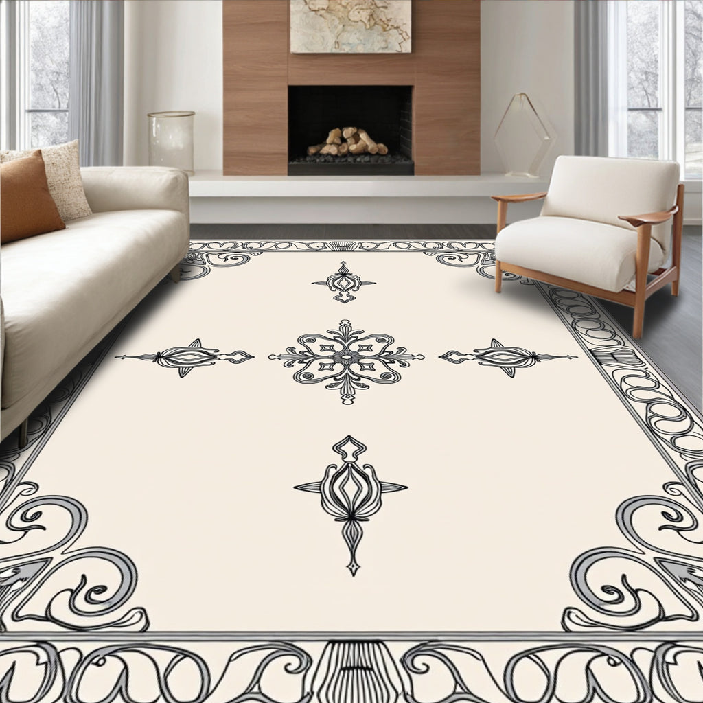 Ornate Ivory Black Decorative Scroll Rug