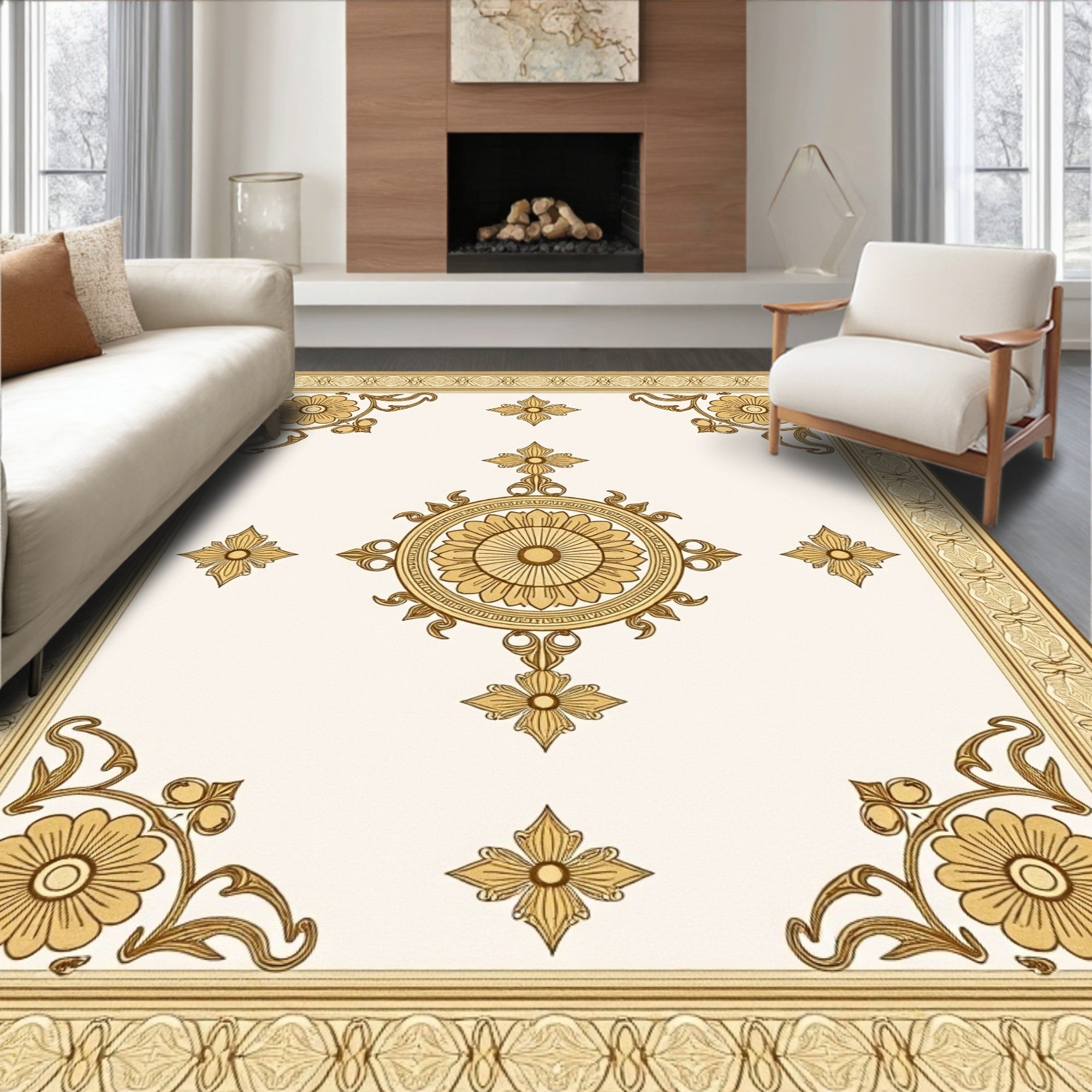 Golden Floral Medallion With Ornate Border Rug