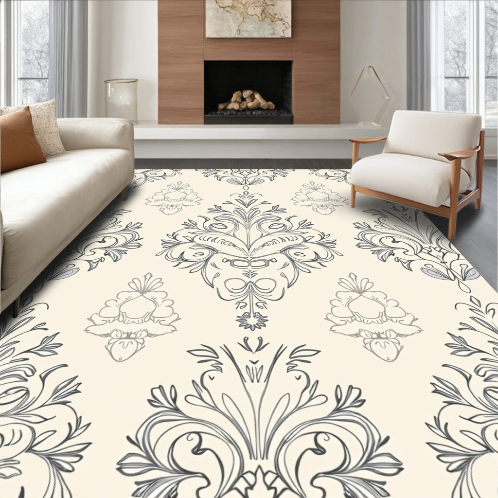 Elegant Cream Antique Damask Floral Rug
