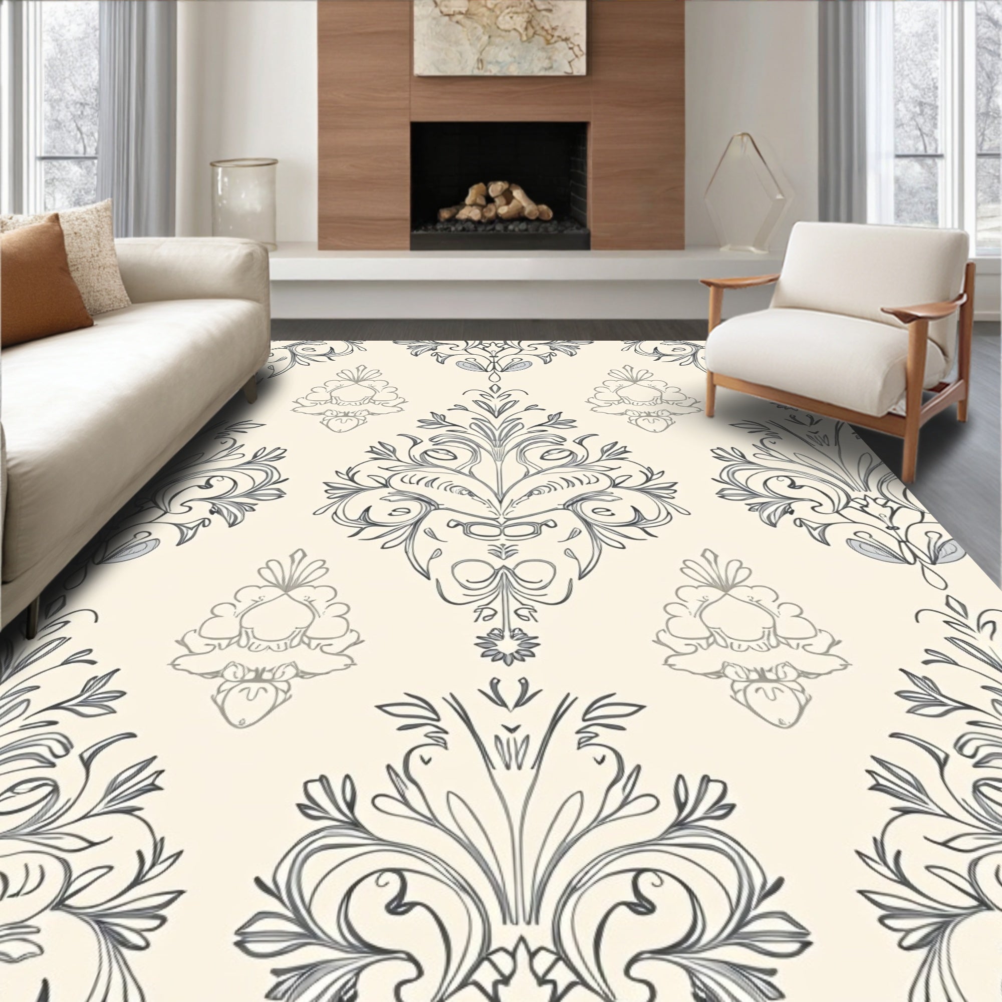 Elegant Cream Antique Damask Floral Rug