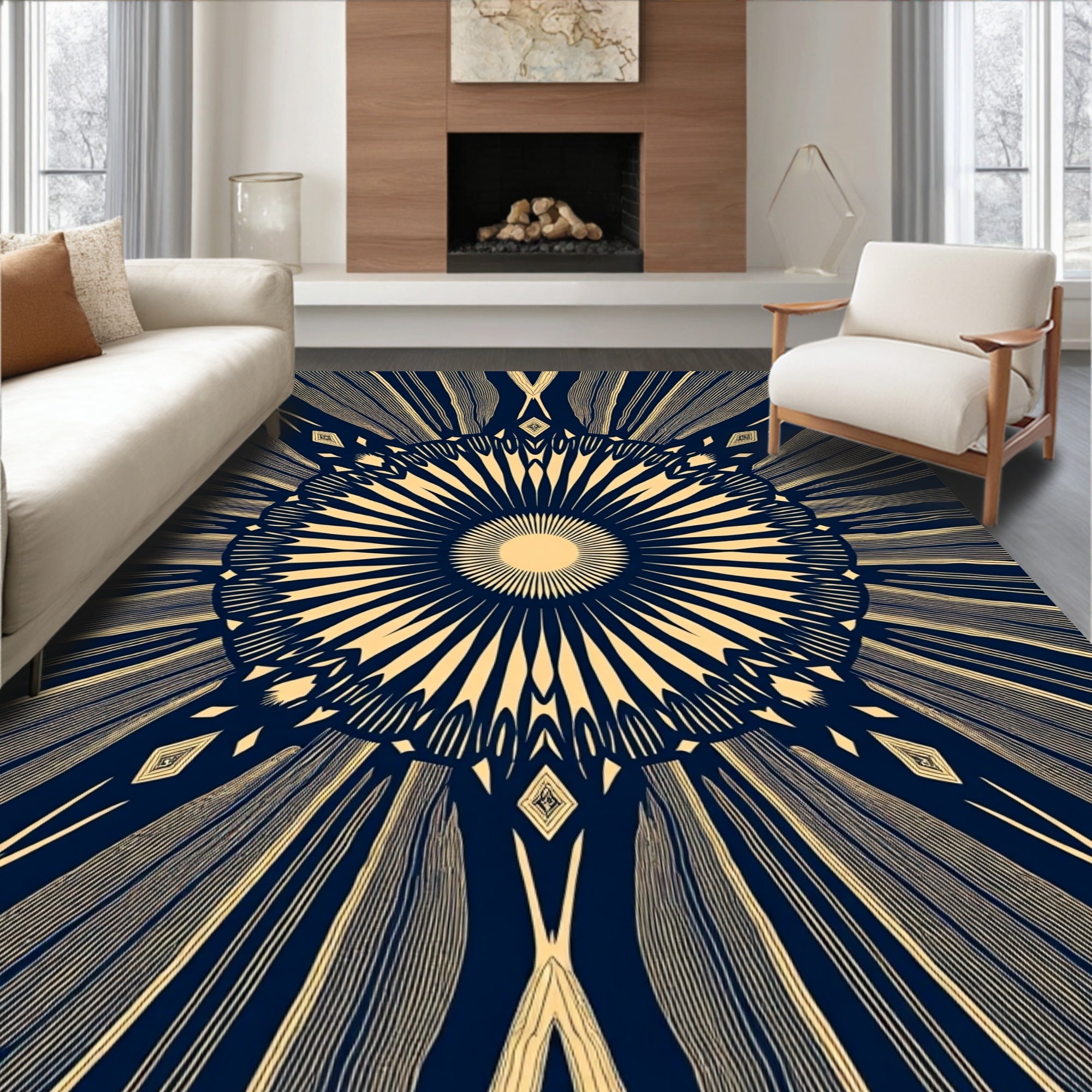 Navy Gold Sunburst Radial Rug