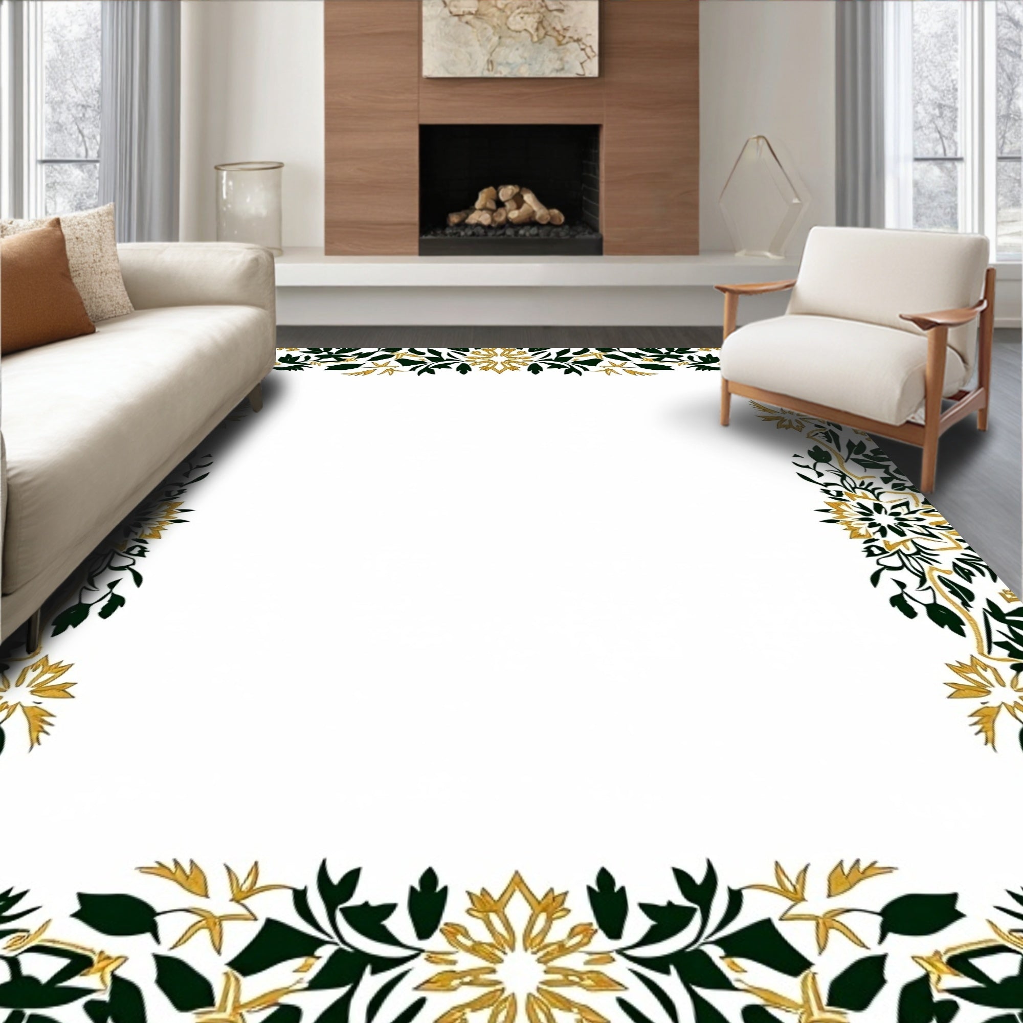 Dark Green Gold Leaf Border Rug