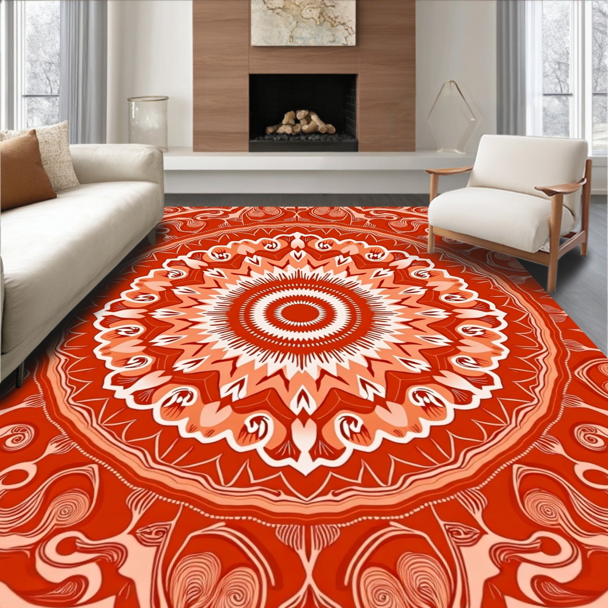 Vibrant Orange Mandala Art Rug