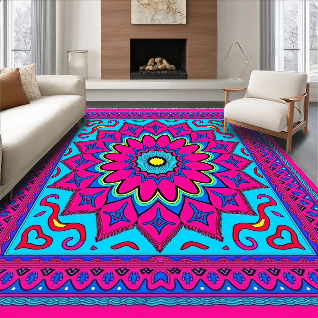 Vibrant Pink Blue Sunburst Mandala Rug