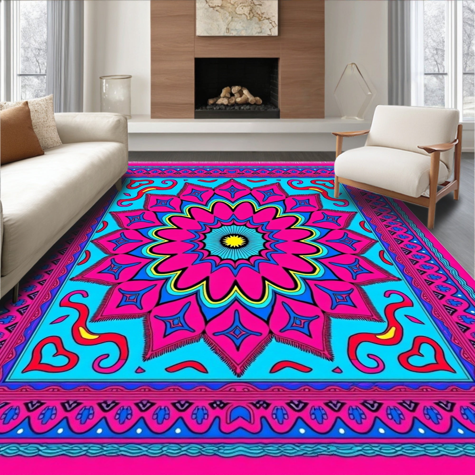 Vibrant Pink Blue Sunburst Mandala Rug