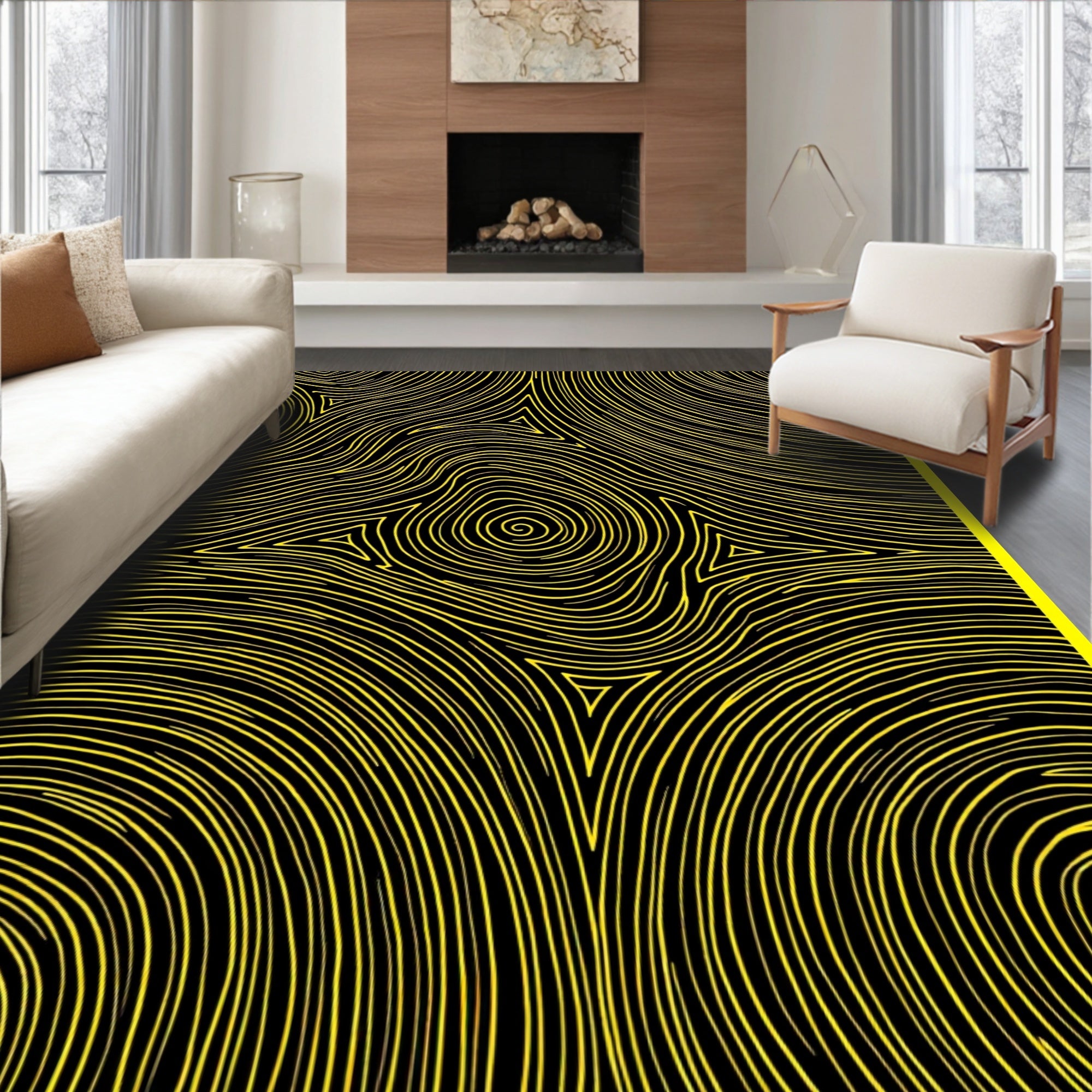 Vibrant Yellow Swirls and Triangles Rug