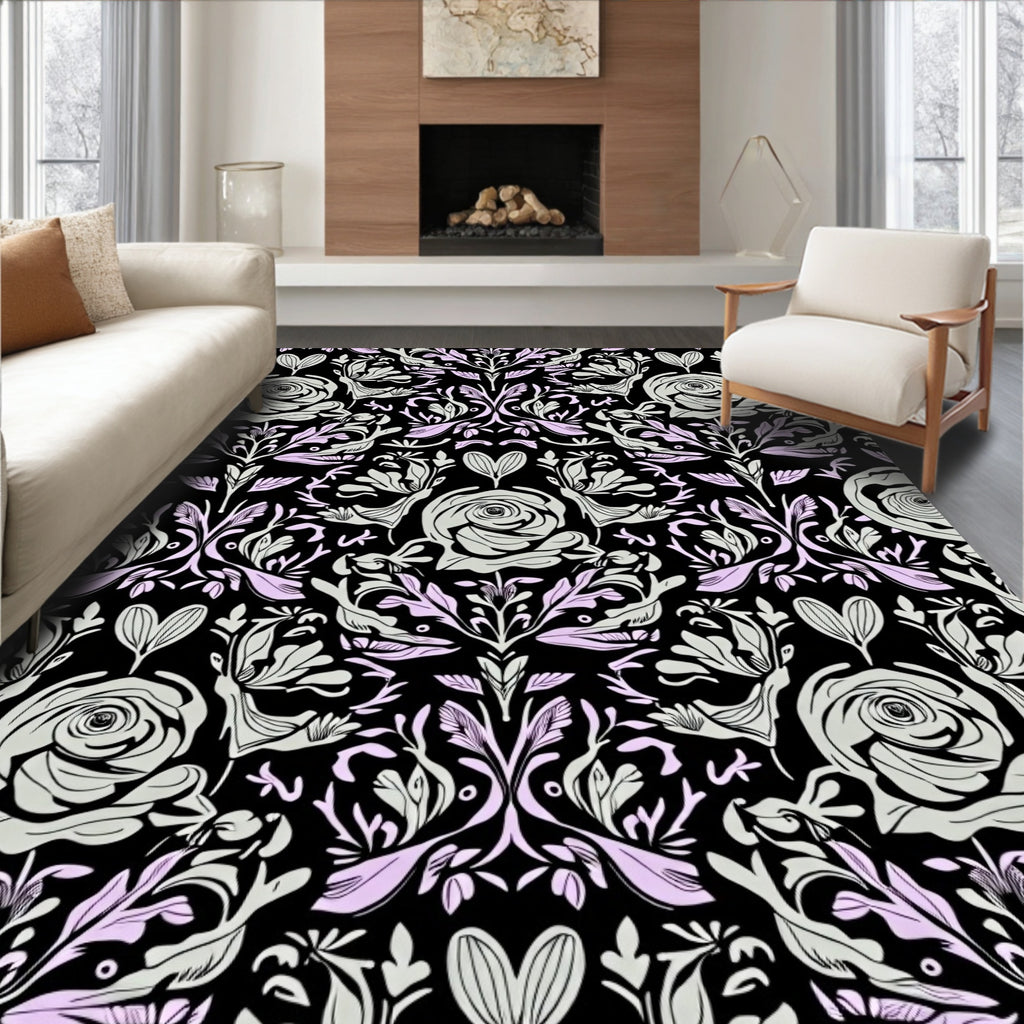 Delicate Black Floral Rose Garden Rug
