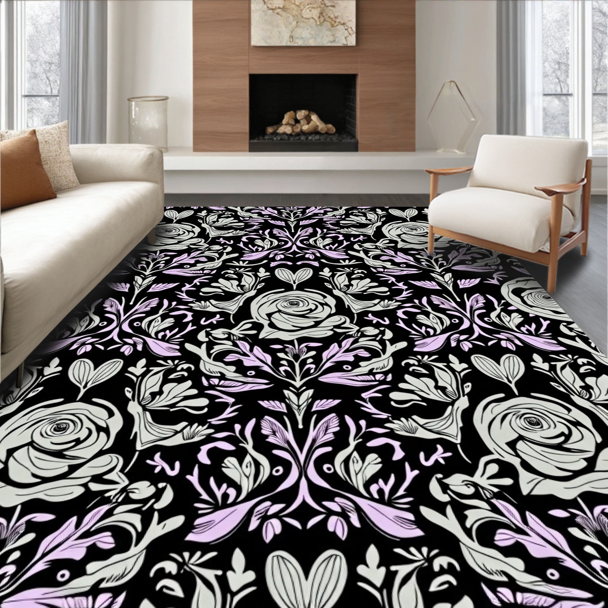 Delicate Black Floral Rose Garden Rug