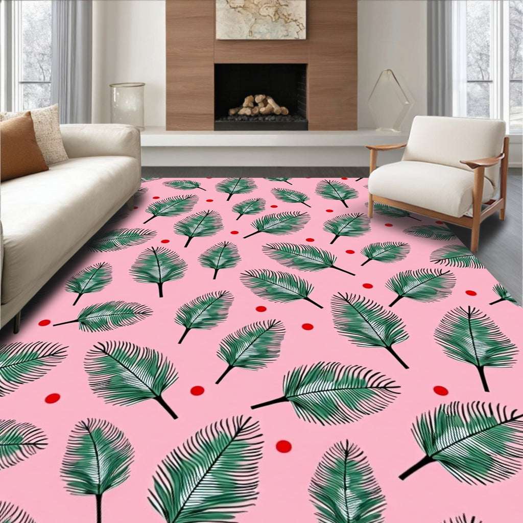 Green Palm Fronds Red Dots Pink Rug
