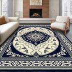 Navy Cream Scroll Border Medallion Rug