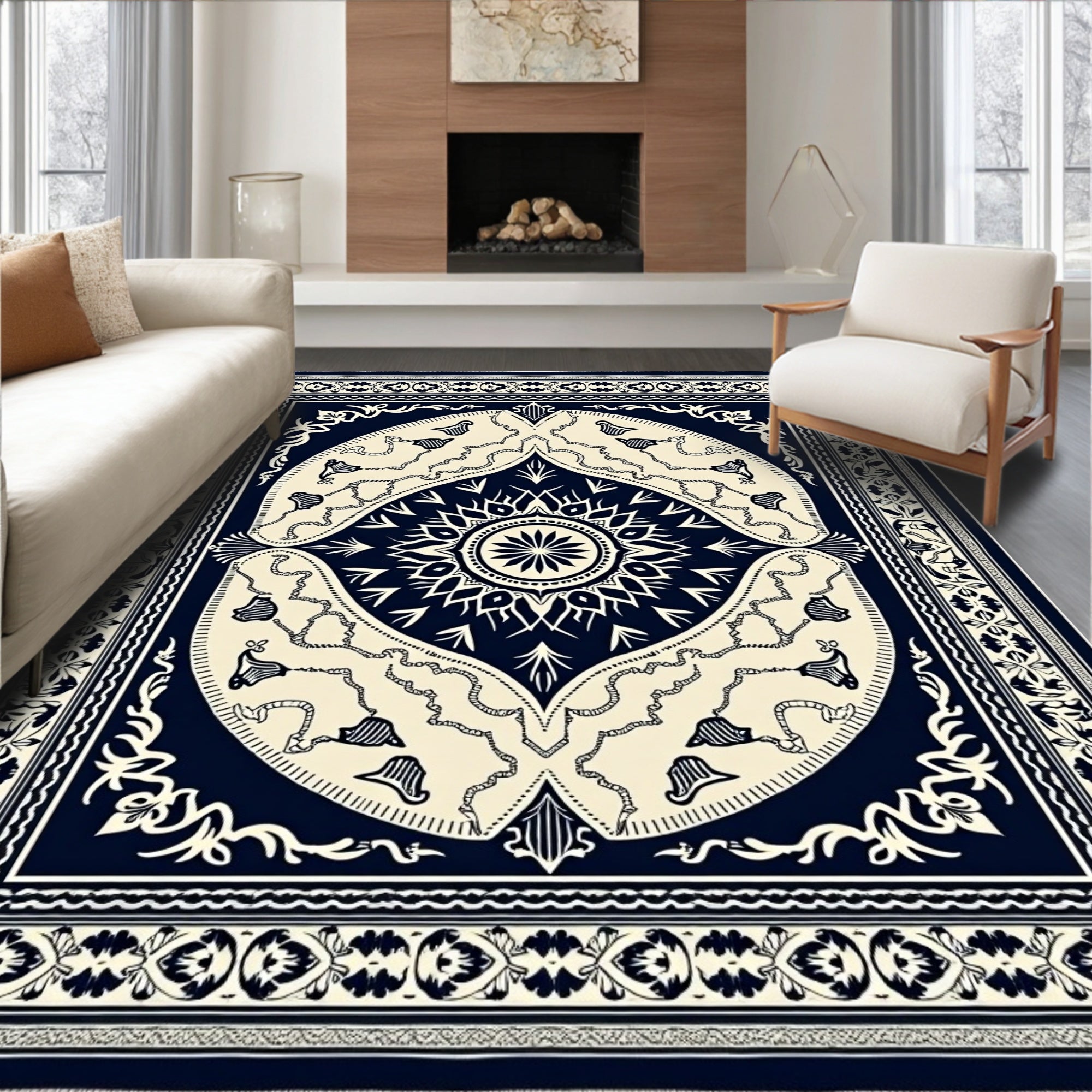 Navy Cream Scroll Border Medallion Rug
