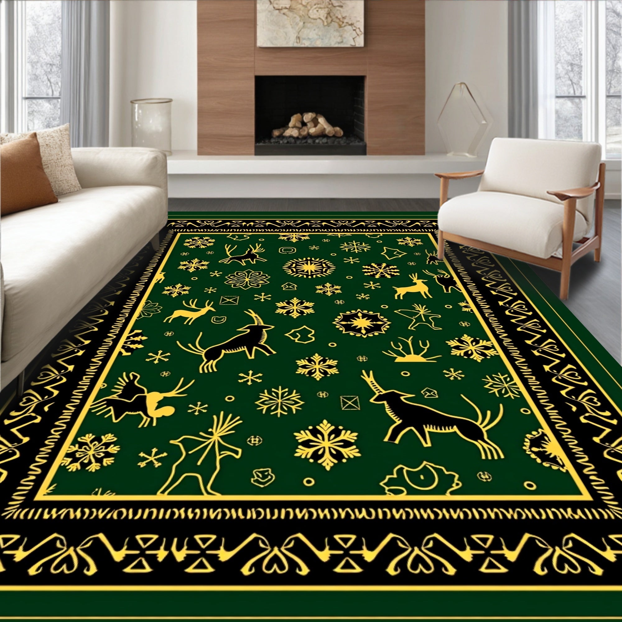 Deep Green Deer Snowflake Motif Rug