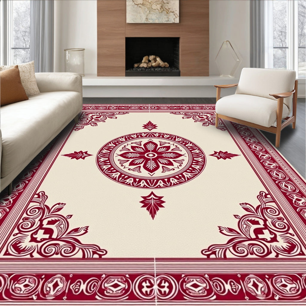Crimson Floral Medallion Bordered Rug