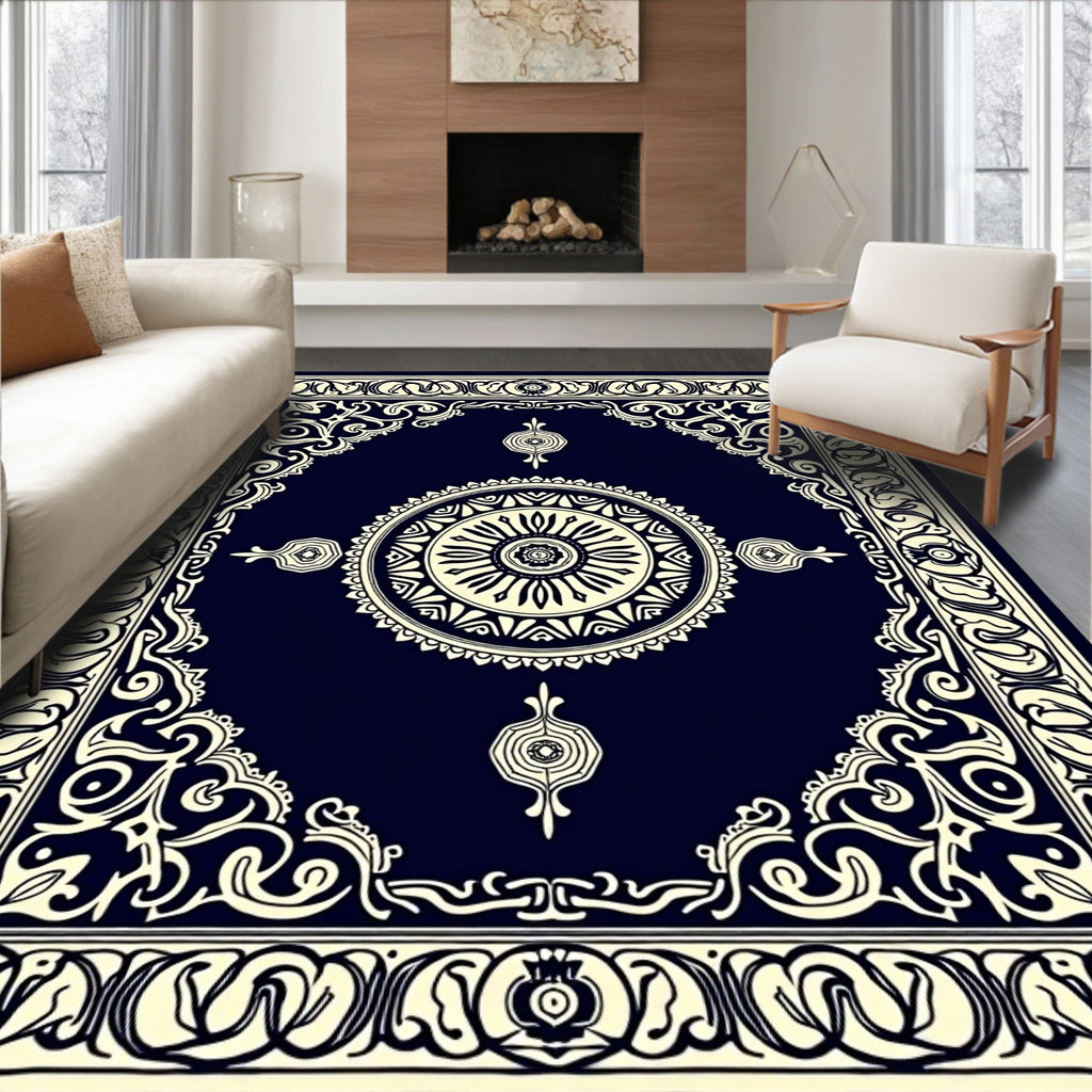 Deep Navy Cream Medallion Border Rug