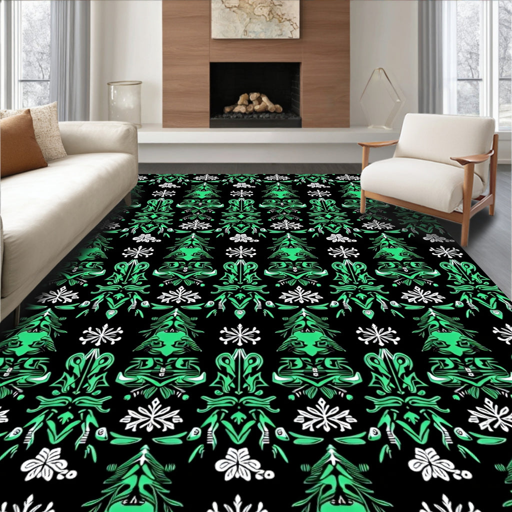 Emerald Green Ornate Floral Black Rug