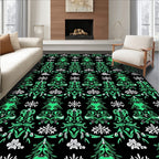 Emerald Green Ornate Floral Black Rug