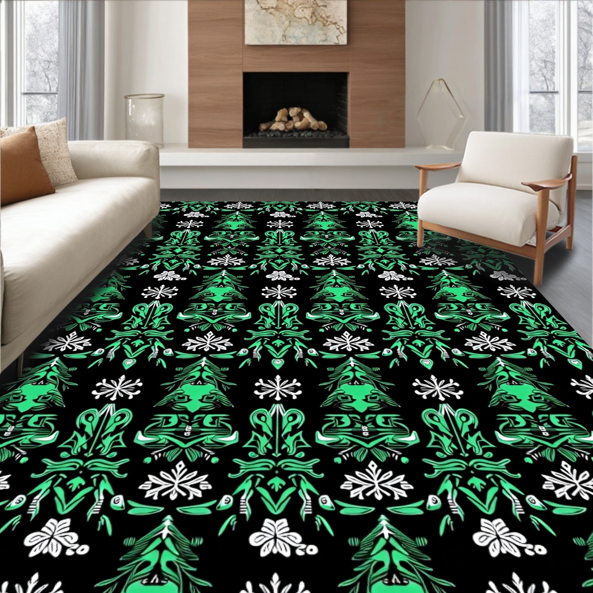 Emerald Green Ornate Floral Black Rug